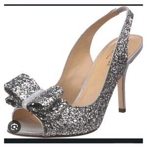 Kate Spade Charm Silver Glitter Bow Peep Toe Slingback Pump Sz 7.5 M with Box
